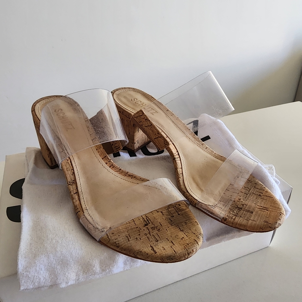 SCHUTZ Victorie Clear Strap Tan Block Heel Mules - Picture 3 of 13